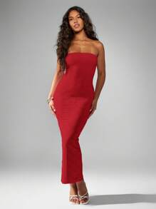 MISSGUIDED Vestido largo de encaje elástico sin tirantes tipo bandeau, vestido de noche de longitud hasta el suelo para ocasiones especiales, invitada de boda, fiesta de vacaciones, Navidad