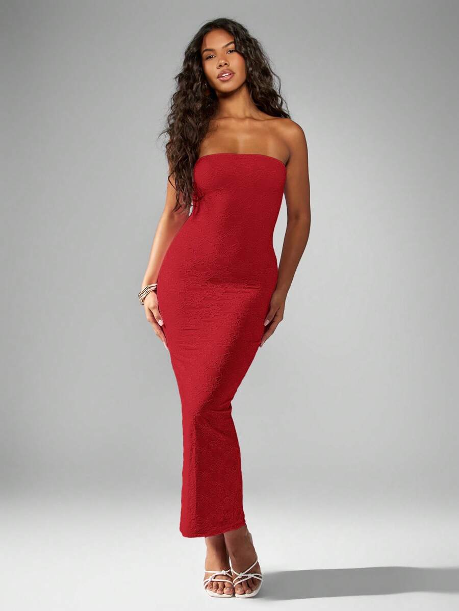 MISSGUIDED Vestido largo de encaje elástico sin tirantes tipo bandeau, vestido de noche de longitud hasta el suelo para ocasiones especiales, invitada de boda, fiesta de vacaciones, Navidad