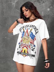 ROMWE Grunge Punk Y2K-Style Women Summer Casual Asymmetrical Shoulder Crown & Letter Graphic Loose T-Shirt - Beige - View 4
