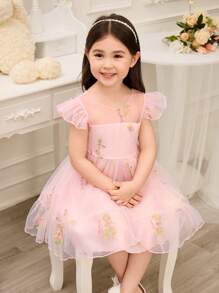 Glamorique Kids Young Girls Flower Bridesmaid Dress, Wedding, Flower Girl , Elegant , Pink Embroidered Flowers Dress,Young Girl Summer Dress ,Party Performance,Suitable For Formal Occasions, Stage, Piano Performance, Pink Tulle Dress For Kids, Pink Little Girl Princess Dresses - Pink - View 5