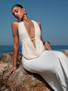 Opulessa 1 件夏季海滩度假性感优雅浪漫女士纯色针织露背不对称金属环短款上衣，机场