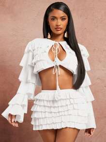 SHEIN SXY Spring And Summer Dating Valentine's Day Wedding Elegant Vacation Outfits Birthday Outfits For Woman Apricot Texture Layered Flounce And Tassel Lace Trim Long Sleeve Cardigan Cut-Out Top And Low Waist Line Layered Flounce Trim Mini Skirt Two Pieces Set