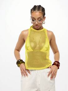 SUMWON WOMEN 开放式针织网眼高领背心无袖节日夏季海滩休闲短款上衣分层背心 - 黃色 - 查看 5