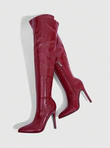 CUCCOO SZL 尖头细高跟过膝长靴，时尚性感派对俱乐部装，酒红色弹力修身过膝长靴 - 酒紅色 - 查看 6