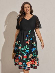 SHEIN LUNE Plus Size Women Floral Prints Patched Lace Short Sleeve Loose Summer Dress - Multicolor - View 3