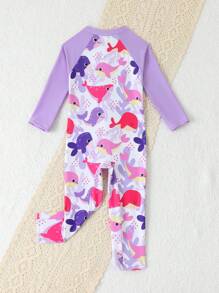 Sparklyn 女婴沙滩装，女婴服装，传统阿拉伯服饰，中东风格长袖衬衫长裤套装，可爱女婴鲸鱼印花长袖长裤连体泳衣，紫色连体泳衣，女婴沙滩度假长袖长裤泳衣 - 紫色 - 查看 3