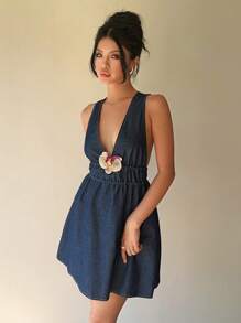 Aloruh 女式深V领露背系腰牛仔连衣裙，夏季度假风格 - 藍色 - 查看 8