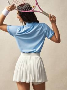 VARSITIE Women's Contrast Zip-Up Cropped Hem Short Sleeve Top And Pleated Skort Sports Suit