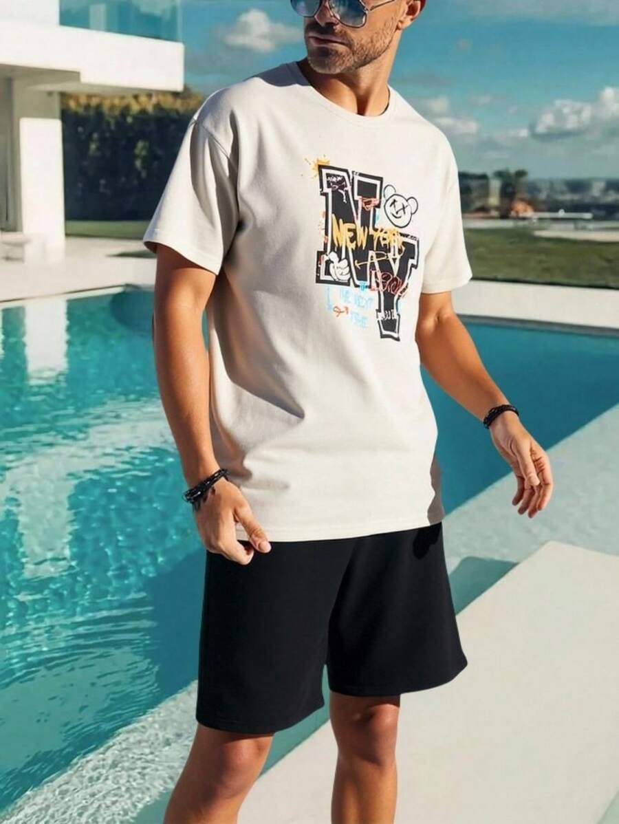 RueChic Ensemble t-shirt à manches courtes et short régulier homme avec taille à cordon et poche, imprimé lettres