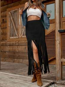 SHEIN LUNE Camel Suede Deer Skin Fringed Hem A-Line Mini Skirt, Suitable For Spring/Summer Country Music Festival Tassel Skirt Fringe Skirt Black Fringe Skirt Black Skirt With Fringe - Black - View 5