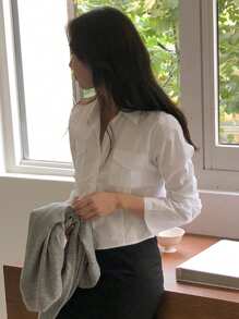 DAZY Women's Casual Versatile Solid Color Blouse Long Sleeve Women - White - View 3