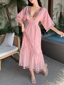 DAZY 女式宽松中长款拼布印花连衣裙，夏季假日风格 - 粉色 - 查看 3