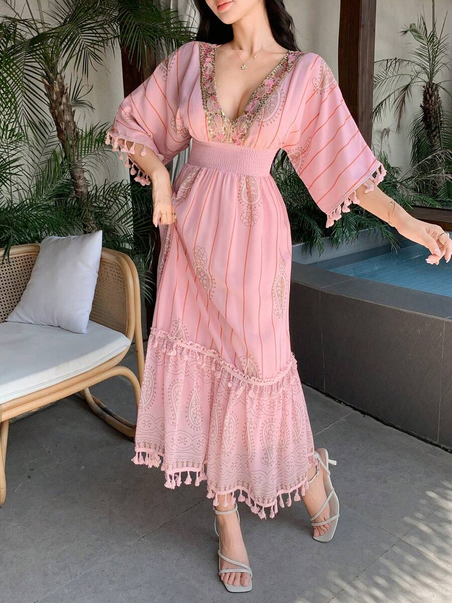 DAZY Women's Loose Fit Mid-Length Patchwork Print Dress, Summer Holiday Style - Pink - View 1