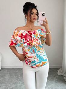 Elenzga Women's Summer Vacation Style All-Over Print One Shoulder Layered Ruffle Trim Blouse - Multicolor - View 4