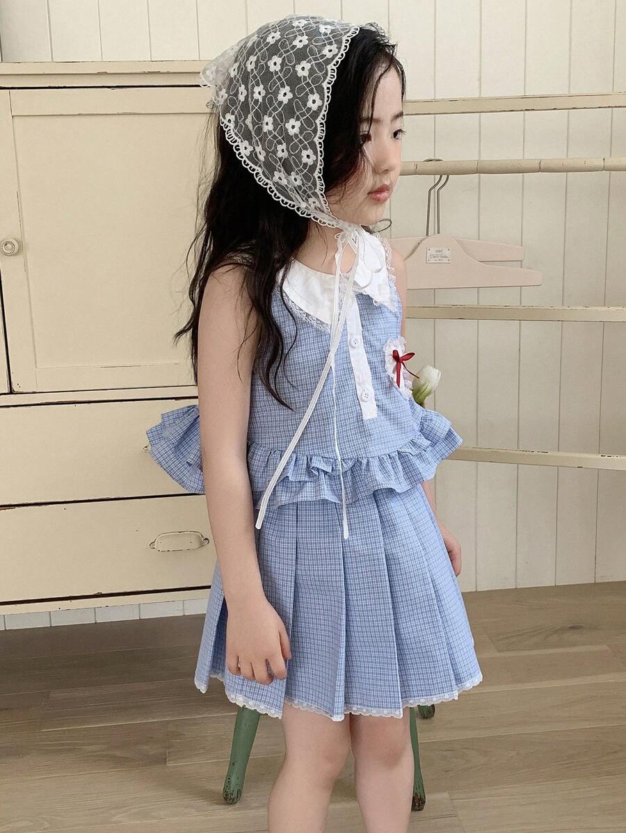 DAZY Bộ áo sơ mi không tay 2 mảnh kẻ caro viền bèo nhún cho bé gái kèm váy có nơ, trang phục mùa hè cho bé gái - Màu xanh lam - Xem 1