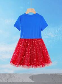 SUPERMAN X SHEIN Young Girl Cartoon Superhero With Golden Belt, Red Star Mesh Blue Short Sleeve Dress, And Cute Design - Multicolor - View 2