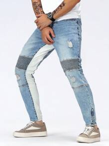 Manfinity Roughcore Men's Fashionable Ripped Skinny Fit Denim Jeans - Light Wash - View 5