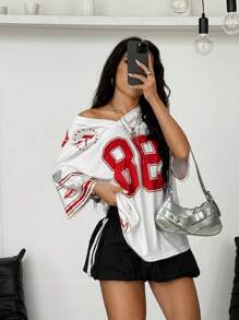 Coolane Camiseta de béisbol de malla transpirable con diseño de gráficos numéricos de estilo vintage para salir y festivales, color rojo