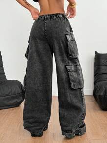 Coolane 女士和男士夏季演唱会街头服饰乡村演唱会垃圾摇滚 Y2K 休闲牛仔棉质水洗脏口袋低腰宽松黑色工装裤