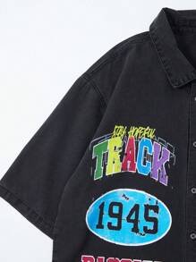 ROMWE MEN Prep 男士单排扣落肩短袖字母印花休闲牛仔衬衫 - 黑色 - 查看 5