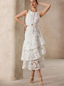 Aveloria Rosie 法式复古浪漫纯白优雅3D花卉刺绣腰部镂空圆褶设计圆领多层荷叶边下摆灯笼裙无袖长裙女 - 白色 - 查看 1
