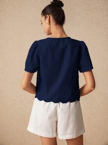 Poéselle Women's Summer Plain Tie-Front Short Puff Sleeve Blouse