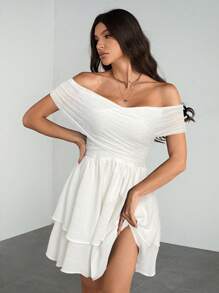 SHEIN Tall 女士纯色露肩交叉领腰部 A 字下摆迷你连衣裙时尚优雅 Y2K 适合约会、外出和夏季旅行 - 白色 - 查看 5