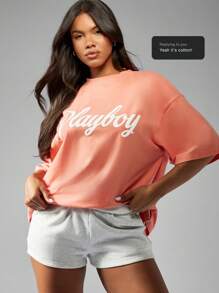Missguided x Playboy 标志超大 T 恤街头休闲短袖棉混纺夏季春季休闲运动服嘻哈时尚都市风格 - 橘色 - 查看 7