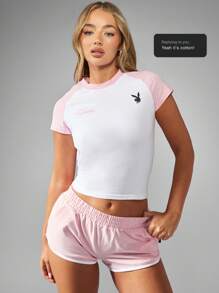 Missguided x Playboy Christmas Baby Tee Fitted Crop Top Short Sleeve Raglan Athletic Summer Casual Retro Style Basic Workout Yoga Fashion Loungewear Comfort Spring Fall Car Racing - Red and White - View 7