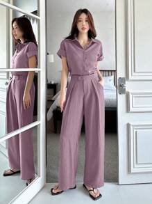 DAZY 女士纯色短袖单排扣衬衫和阔腿裤两件套家居服套装 - 紫色 - 查看 5