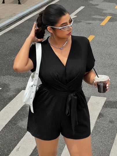 SHEIN EZwear Plus Size Women Solid Color V-Neck Short Sleeve Casual Black Jumpsuit For Spring/Summer, Black Romper