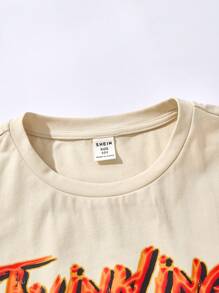 SHEIN Leap Crew 2pcs Tween Boy Beige Summer Casual City Break Street Style Graffiti Graphic Short Sleeve T-Shirt And Elastic Waist Utilitarian Shorts Set,Fashionable - Multicolor - View 8