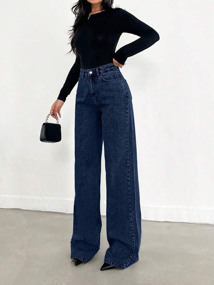 EURMUSE HIGH WAIST WIDE LEG LONG HEM BLUE JEAN - 716 GR - Dark Wash - View 1