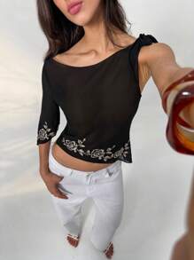 Aloruh Blouse en mousseline de soie transparente avec broderie florale, manches évasées, nœud papillon et épaules dénudées pour femmes, pour le printemps/été, style casual - Noir - Voir 3