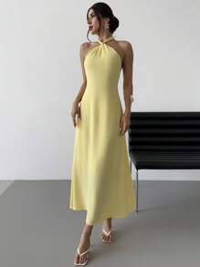 Firerie Vestido Longo Maxi Feminino Elegante de Férias, Festa, Festa, Encontro Romântico, Moda, Decote Halter, Costas Descobertas, Solto, Amarelo - Luz amarela - Visão 1