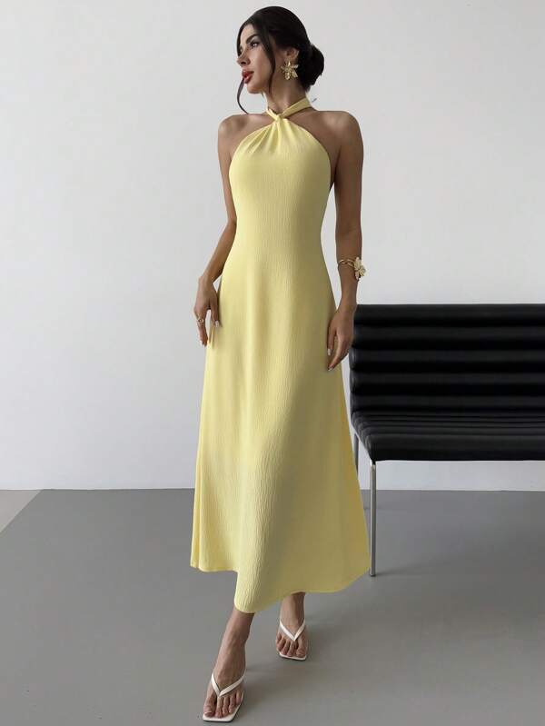 Firerie Vestido largo y suelto de gasa con escote de halter y espalda descubierta, para vacaciones, fiestas, reuniones y citas románticas, color amarillo