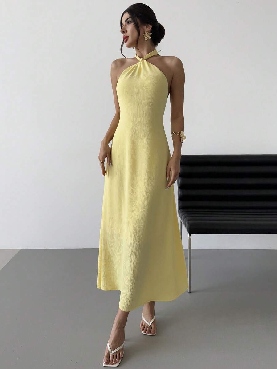 Firerie Vestido Longo Maxi Feminino Elegante de Férias, Festa, Festa, Encontro Romântico, Moda, Decote Halter, Costas Descobertas, Solto, Amarelo - Luz amarela - Visão 1