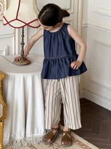 DAZY 年轻女孩韩版荷叶边下摆休闲宽松水洗背心和条纹直筒宽松牛仔套装，女孩夏季服装 - 藏蓝色 - 查看 6