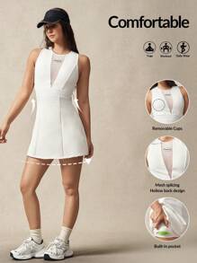 VARSIVA Women's White Knitted Tennis Dress With Round Neck And Zipper Detail - White - View 2
