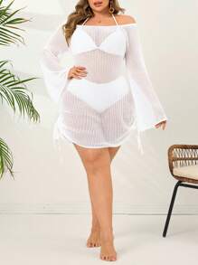 SHEIN Swim Plus Size Women Knitted White Off Shoulder Side Drawstring Vacation Beach Cover Up