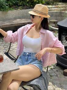 DAZY Áo sơ mi nữ tay dài màu hồng cổ bẻ rộng rãi, dáng rộng, màu trơn, mùa thu - Hồng - Xem 9