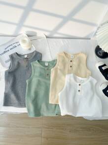 Set de 4 piezas para niños pequeños con top y camisa sin mangas con botones delanteros decorativos y de unicolor cómodo y versátil