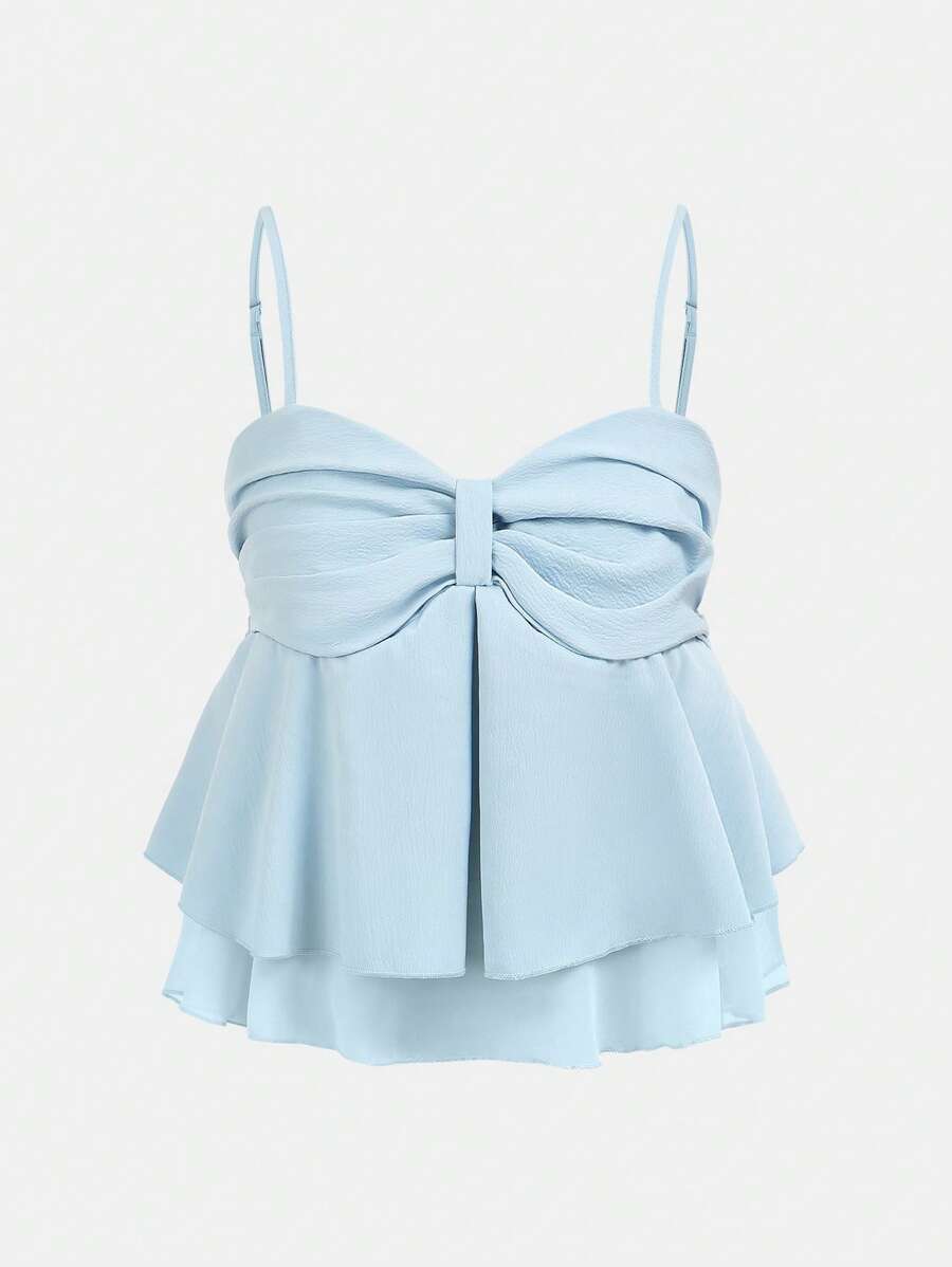 Girlism Áo hai dây xếp ly bèo nhún ngọt ngào màu xanh mùa hè TEENGIRL, Áo crop top mùa hè - Màu xanh lam - Xem 1