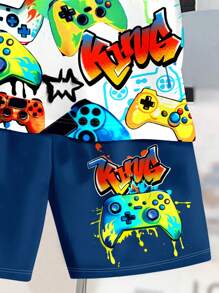 SHEIN Tween Boy Casual Cartoon Print Short Sleeve Crew Neck 2 Pieces Set, Suitable For Summer - Multicolor - View 5