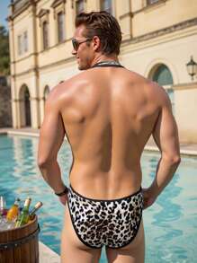Manfinity Swimmode Men's Leopard Print Backless Halter One-Piece Swimsuit BeachModeOn BeachModeOn Men Swim Trunks Set Bathing Suits For Men