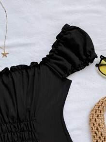 Soleia Ruffled Trim Casual Vacation Young Textured Tied Blouse Black Off Shoulder Top Black Summer Top Cute Black Top Black Tie Front Top Ruffle Top - Black - View 5