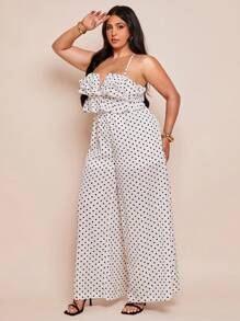 SHEIN BAE Macacão Elegante de Bolinhas Pretas com Babados em Camadas Tamanhos Grandes para Mulheres, Uso Casual Diário, Primavera/Verão - Branco - Visão 1