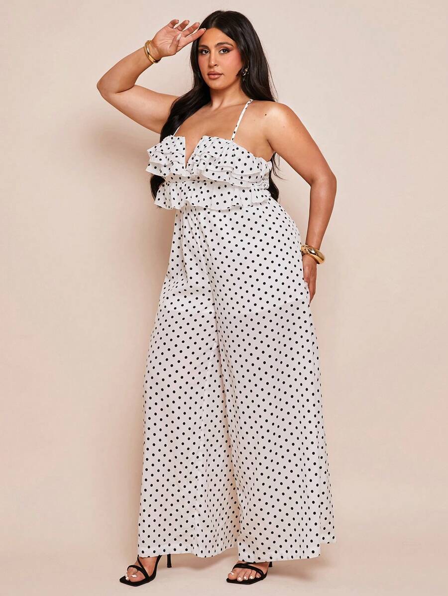SHEIN BAE Macacão Elegante de Bolinhas Pretas com Babados em Camadas Tamanhos Grandes para Mulheres, Uso Casual Diário, Primavera/Verão - Branco - Visão 1