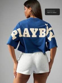 Missguided x Playboy Camiseta corta con logo estampado, de manga corta, estilo urbano, casual, de algodón, con estilo deportivo y de moda Y2K para verano.