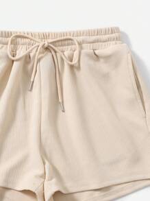 SHEIN EZwear 素色單肩上衣和抽繩短褲套裝 - 米色 - 查看 3